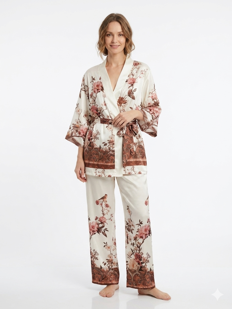 Satin Blossom Kimono Set